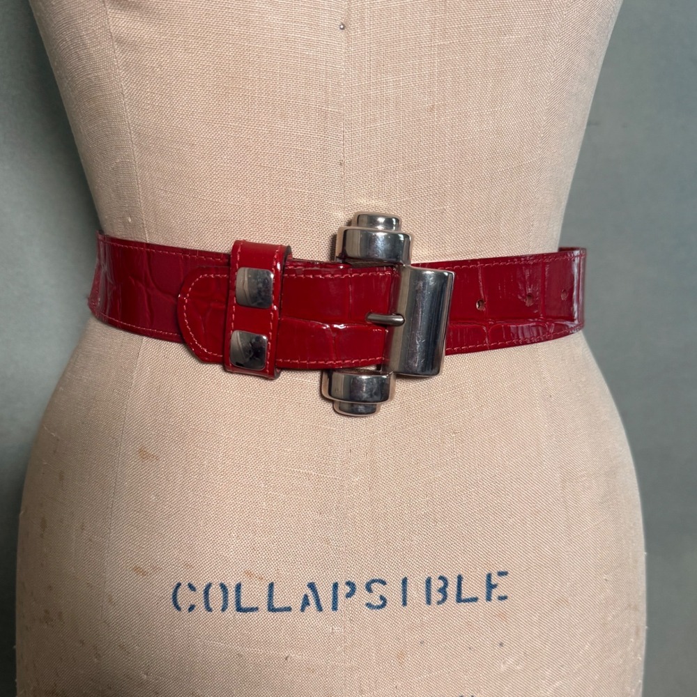 MCM Vintage Red Croc Embossed Patent Leather Belt Silver Architectural Buckle